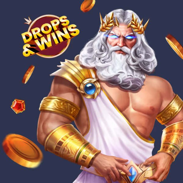 Fridayroll Casino Review- A powerful Zeus-like figure with glowing blue eyes, golden accessories, and a Drops & Wins sign in the background.